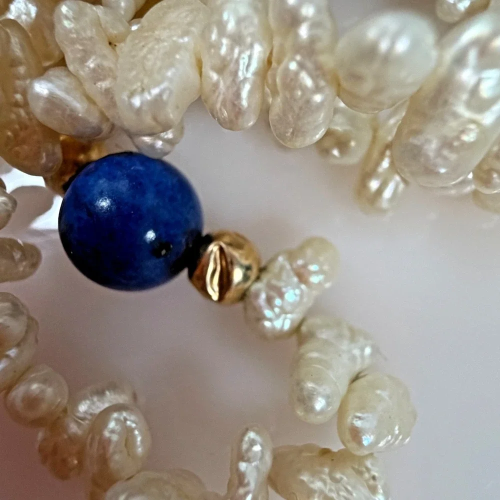 Vintage Rice Pearl Necklace Lapis Lazuli & 14K Gold Accent Beads 35
